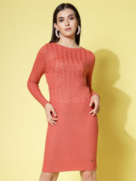 Women Rust Acrylic Self Design Winter Dress - Wool Trees