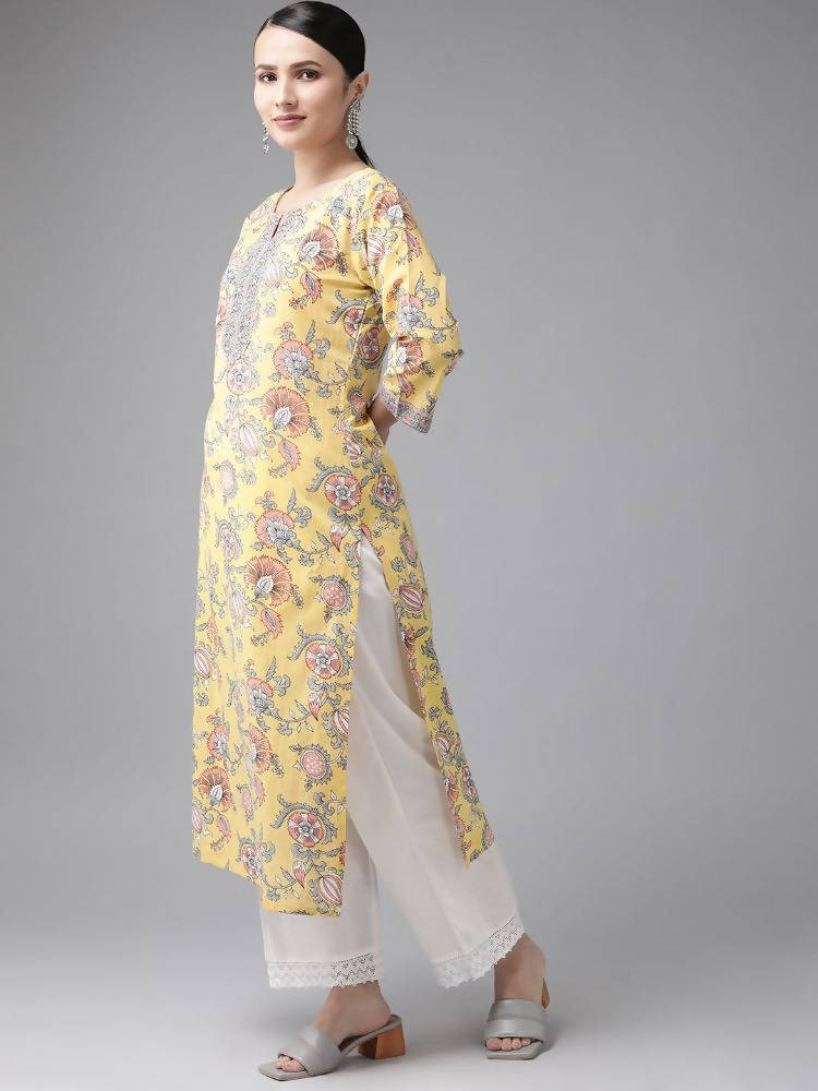 Yufta Women Yellow Floral Printed Straight Kurta