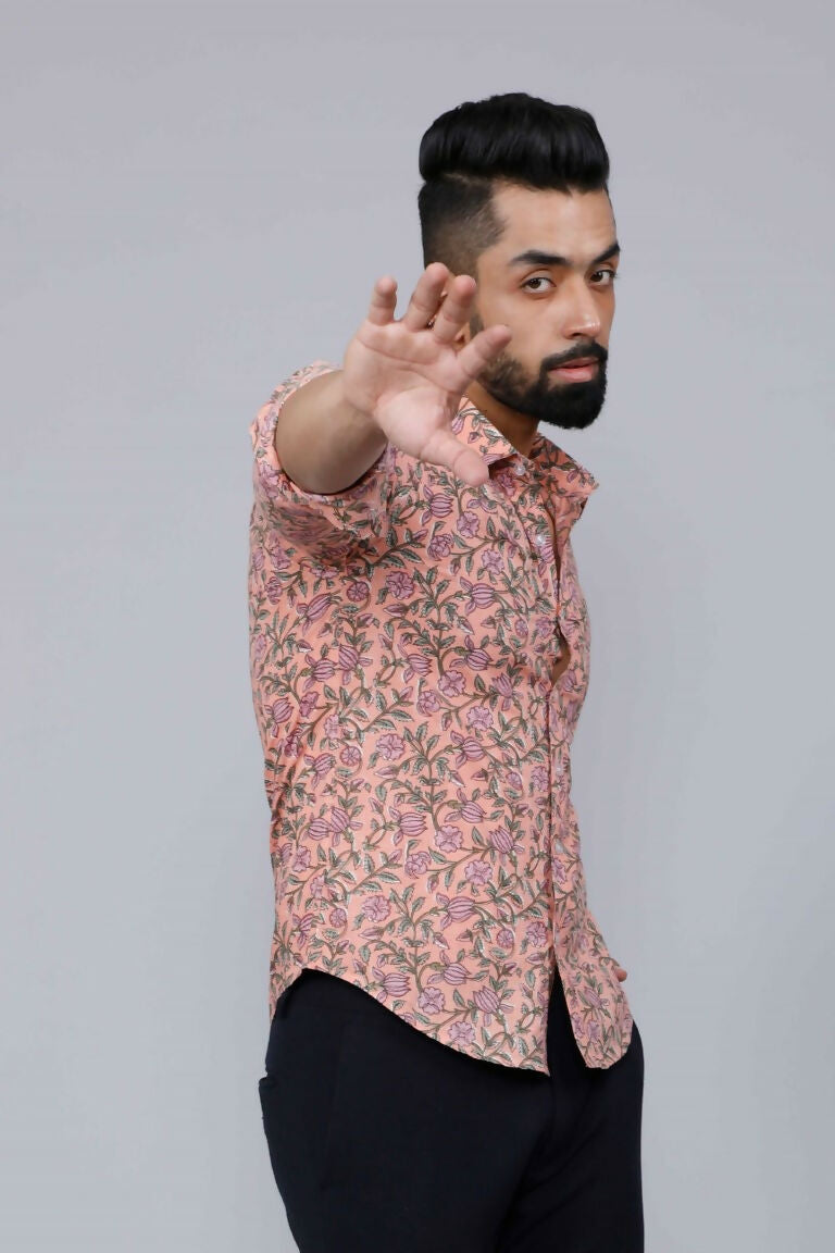 Miravan Men's Orange Printed Full Sleeve Cotton Shirt