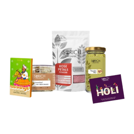 Sorich Organics Rose powder, Caramalised Cracker, Thandai Milk, Phool gulal & Holi card