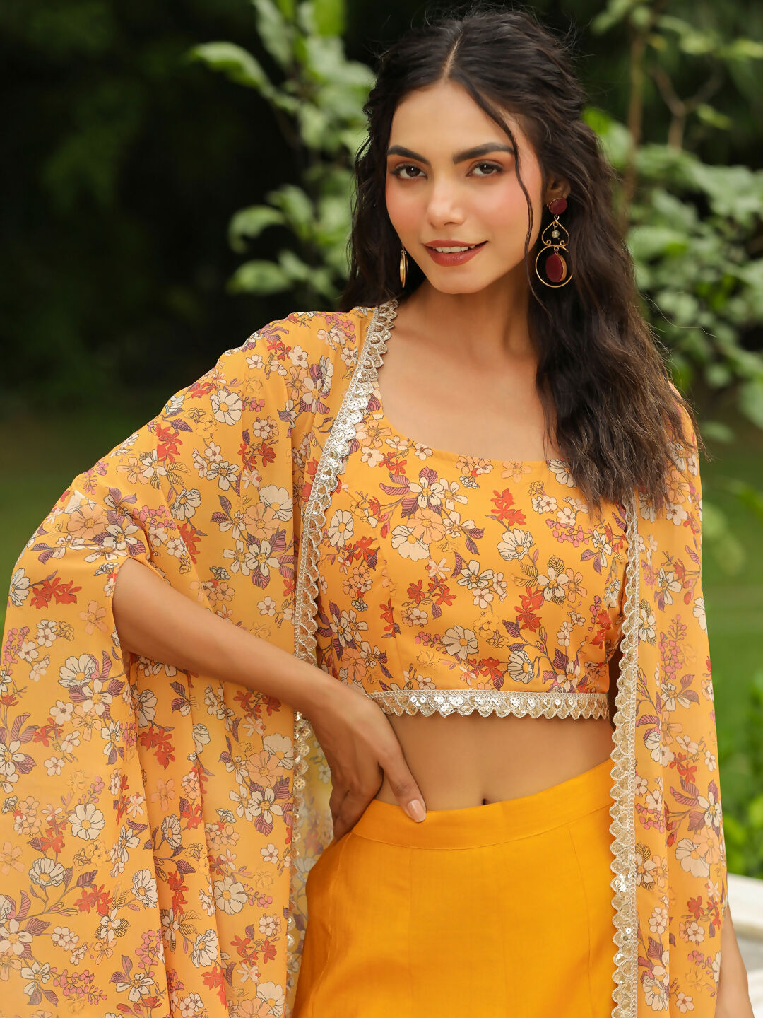 Janasya Mustard Georgette Floral Top Bottom Cape