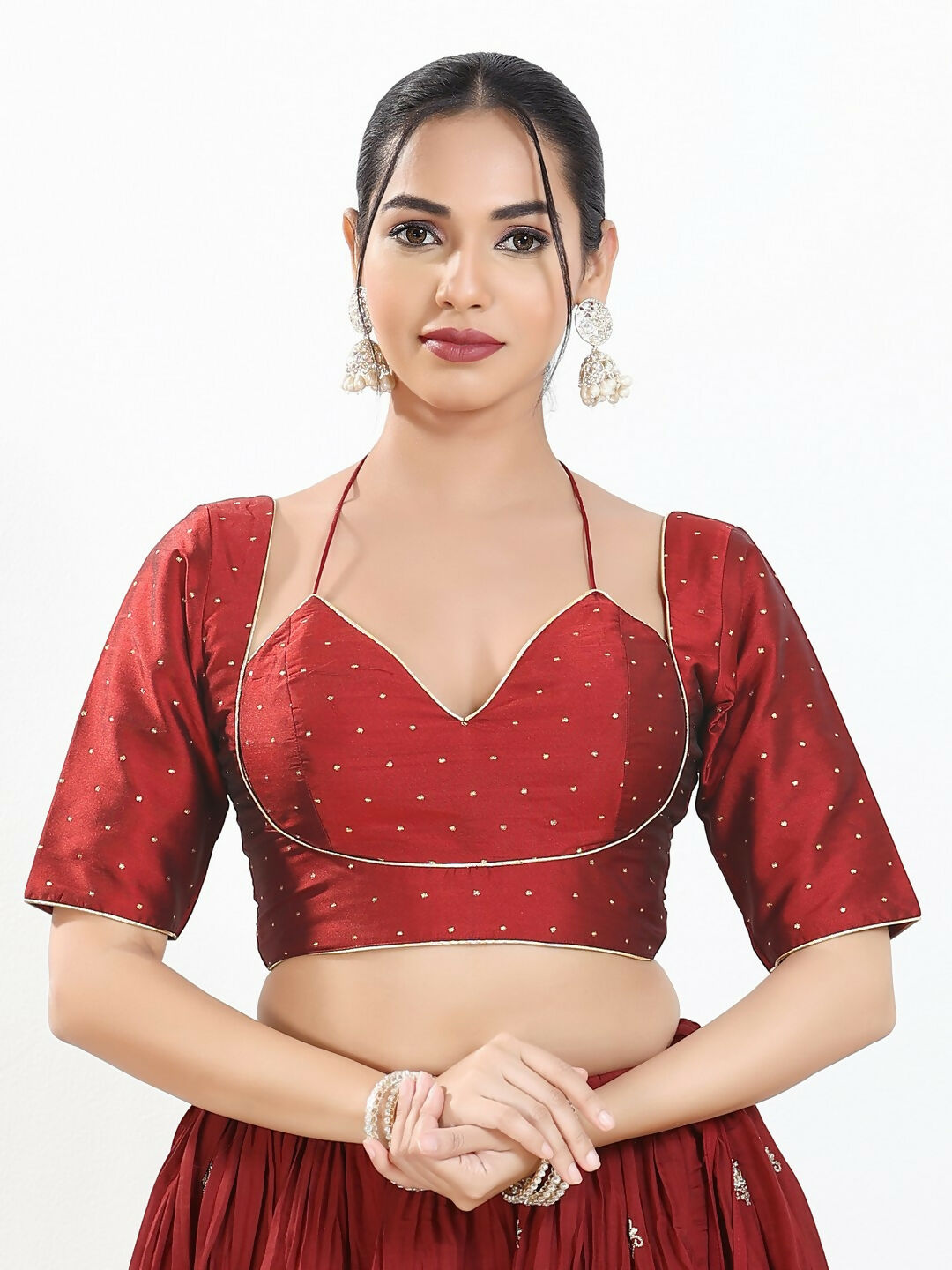 Joban Fashion Maroon Brocade Padded Blouse With Sweetheart Neck Elbow Sleeves - Distacart
