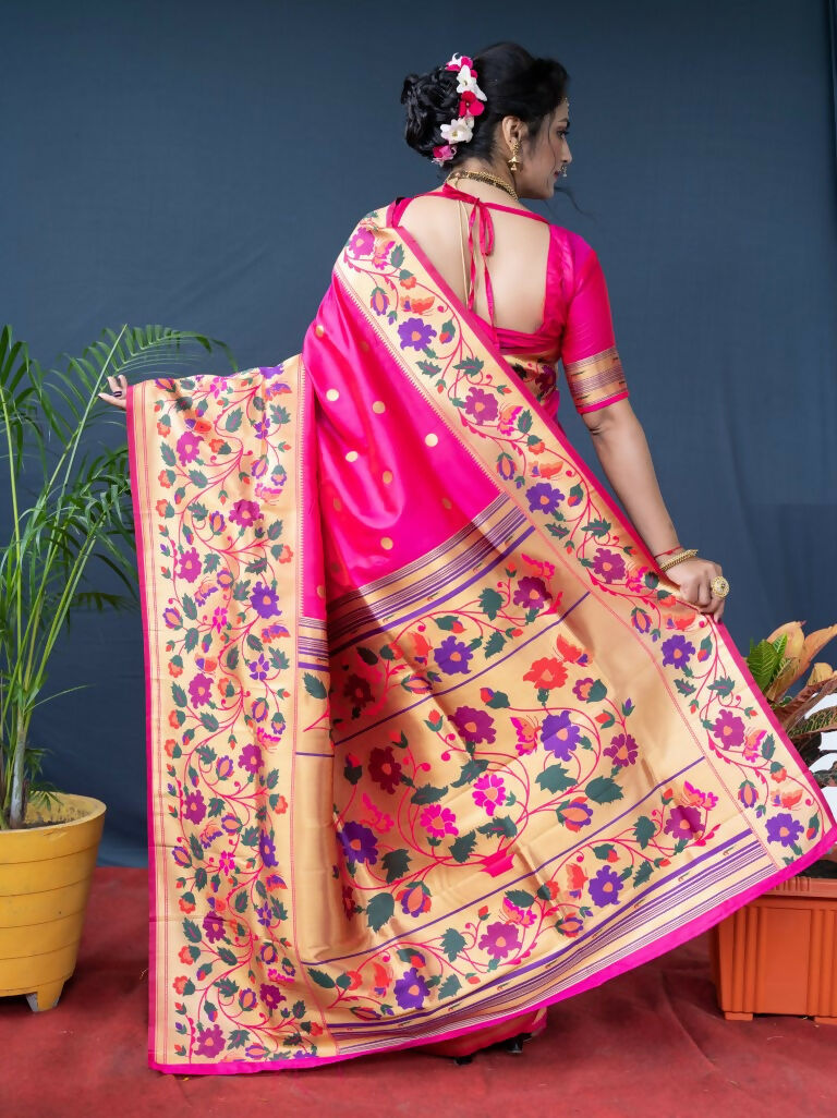 Jyoti Fashion Women's Pink Paithani Silk Zari Woven Saree with Blouse