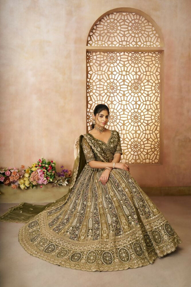 Kesar Fab Mehendi Net Hand_Woven Lehenga
