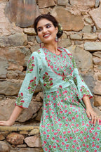 Yufta Women Grey Handblock A-Line Kurta with Trouser