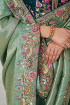 Kesar Fab Trending Reception Green Color With Multi-Thread Embroidery Saree