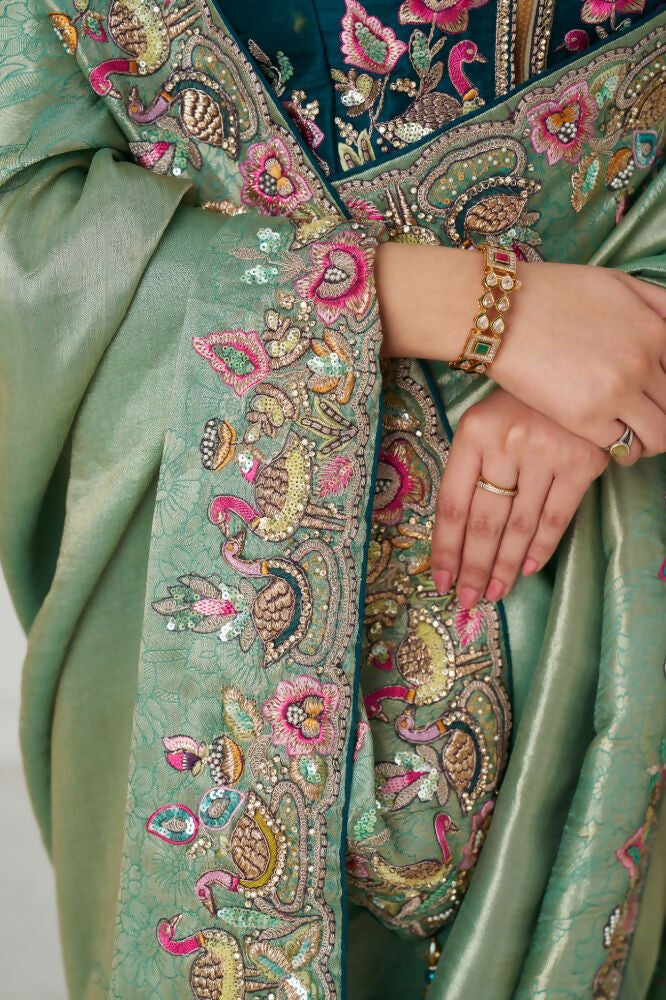Kesar Fab Trending Reception Green Color With Multi-Thread Embroidery Saree
