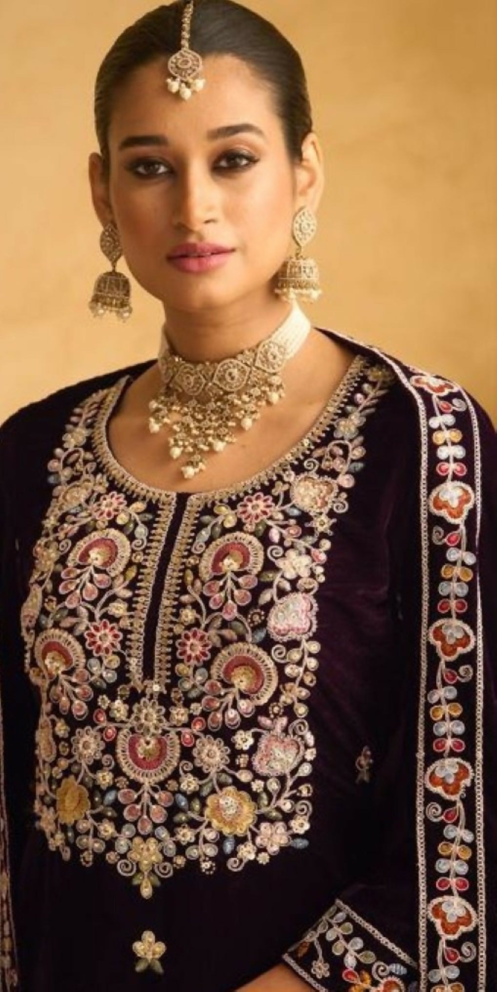 Anaita Dark Maroon Embroidered with Beads Velvet Stitched Plazo Suit - Distacart