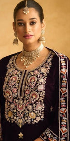 Anaita Dark Maroon Embroidered with Beads Velvet Stitched Plazo Suit - Distacart