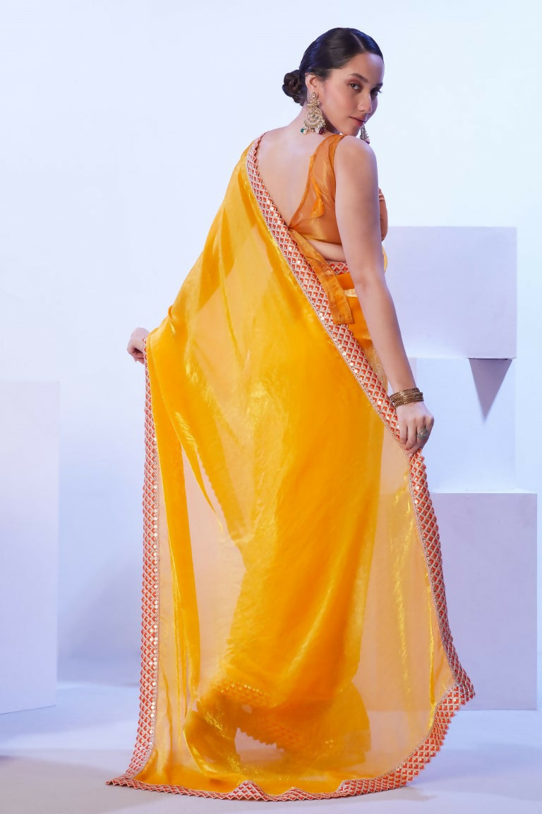 Yellow Satin Jimmy Choo Solid Designer & Lace Work Saree - Samaa