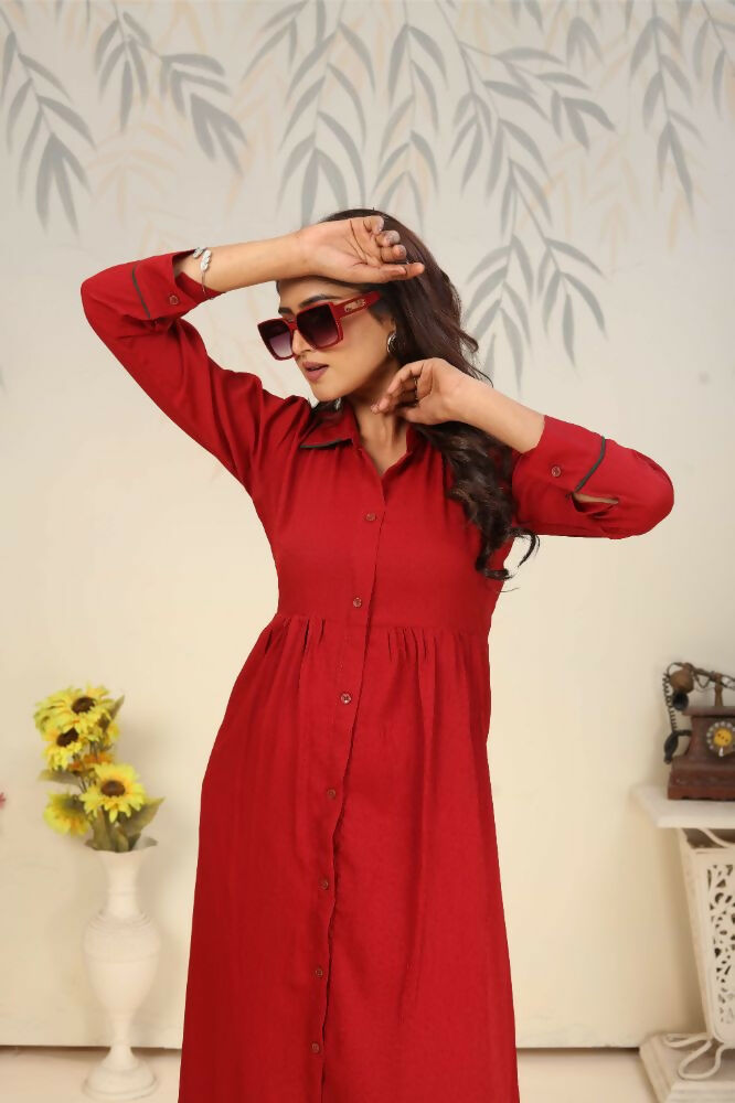 Jyoti Fashion Women's Red Rinkal Cotton Plain with Side Pocket Kurtis & Sets