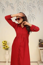 Jyoti Fashion Women's Red Rinkal Cotton Plain with Side Pocket Kurtis & Sets