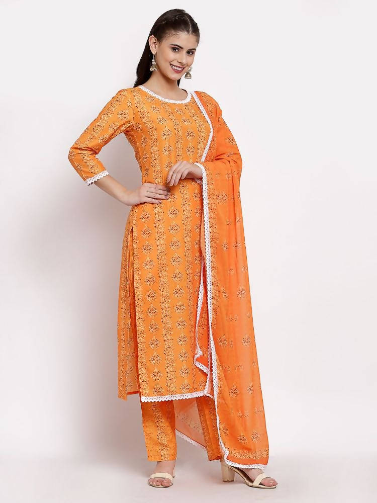 Myshka Women's Orange Cotton Printed 3/4 Sleeve Round Neck Casual Kurta Pant Dupatta Set
