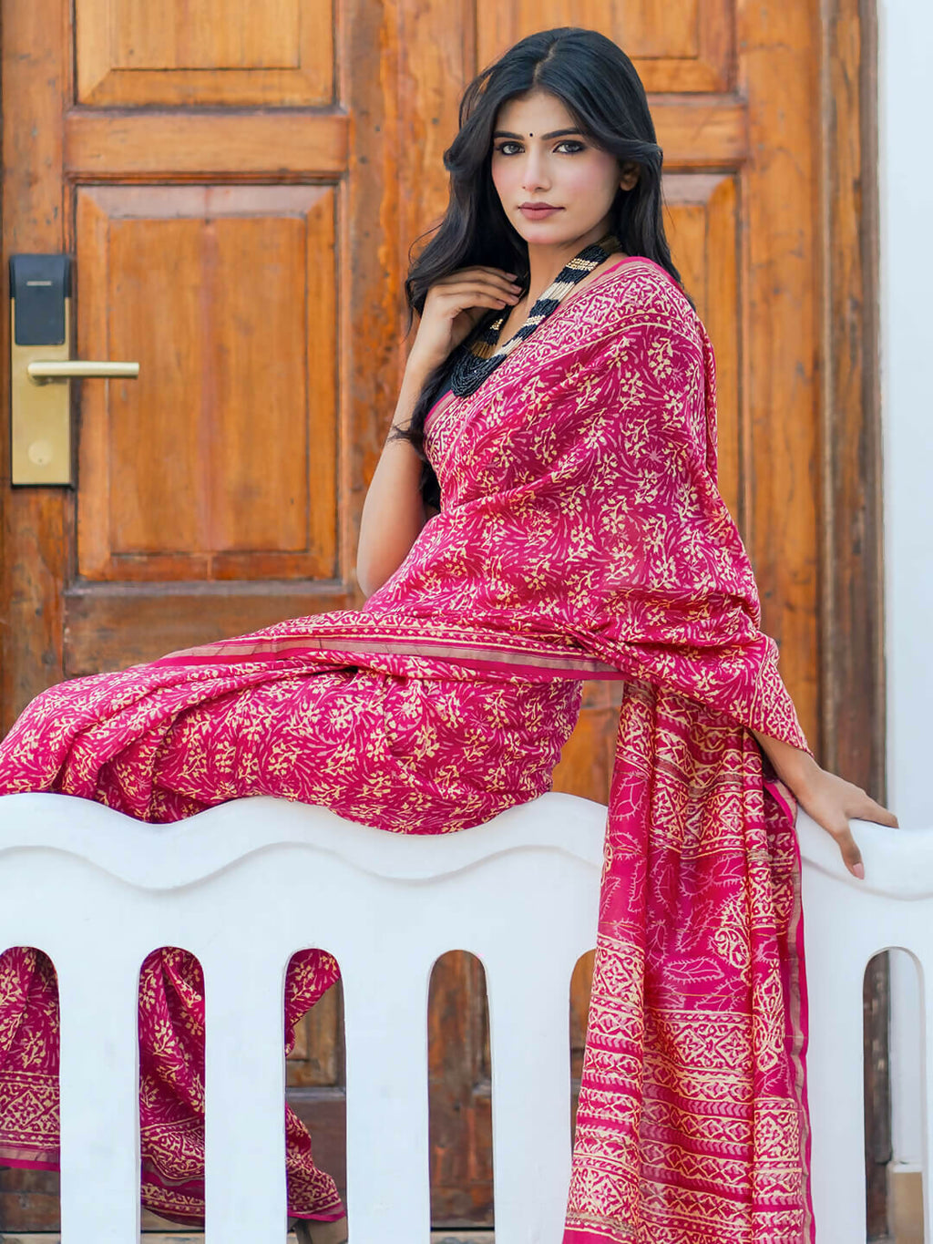 Zibaa Hand-Blocked Pure Chanderi Silk Pink Saree - Distacart