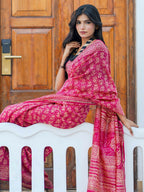 Zibaa Hand-Blocked Pure Chanderi Silk Pink Saree - Distacart