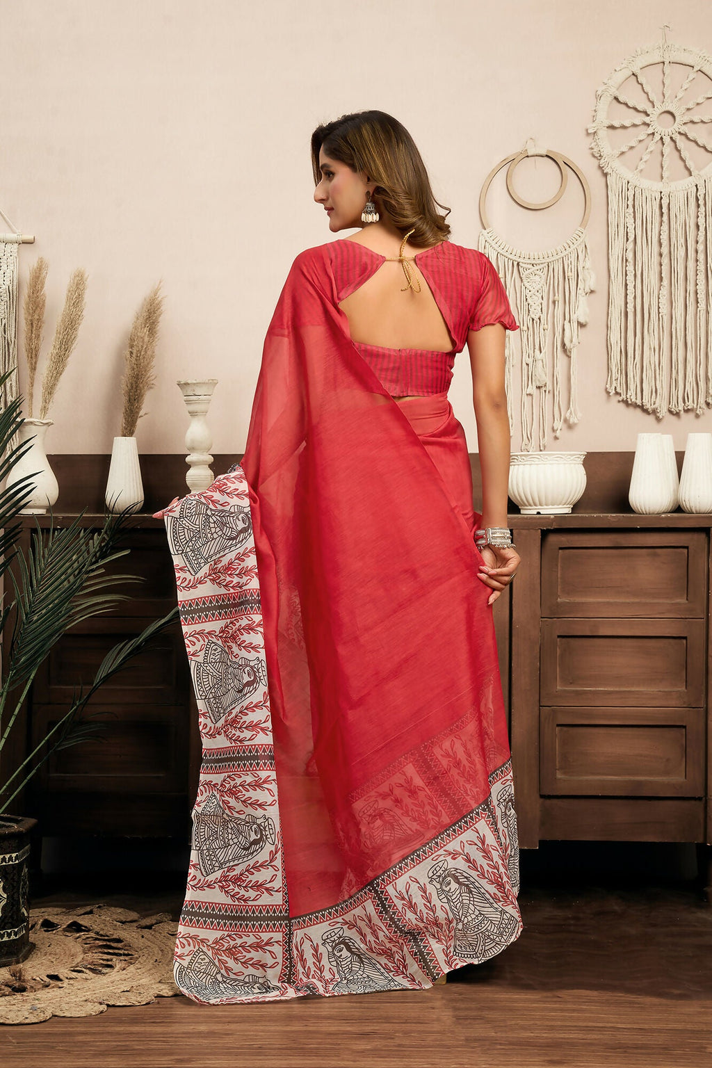 Vastranavya Red Digital Printed Linen Ready To Wear Designer Saree with Unstitched Blouse - Distacart