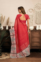 Vastranavya Red Digital Printed Linen Ready To Wear Designer Saree with Unstitched Blouse - Distacart