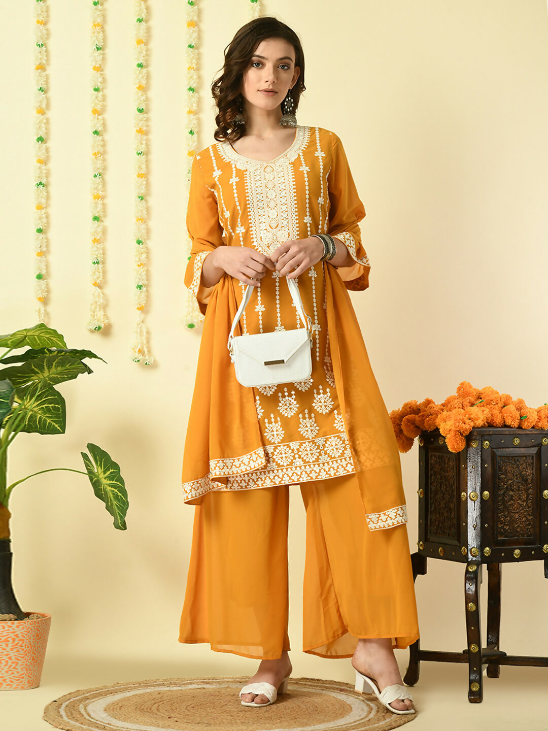 Myshka Women's Mustard Georgette Kurta & Palazzos With Dupatta Party Sets