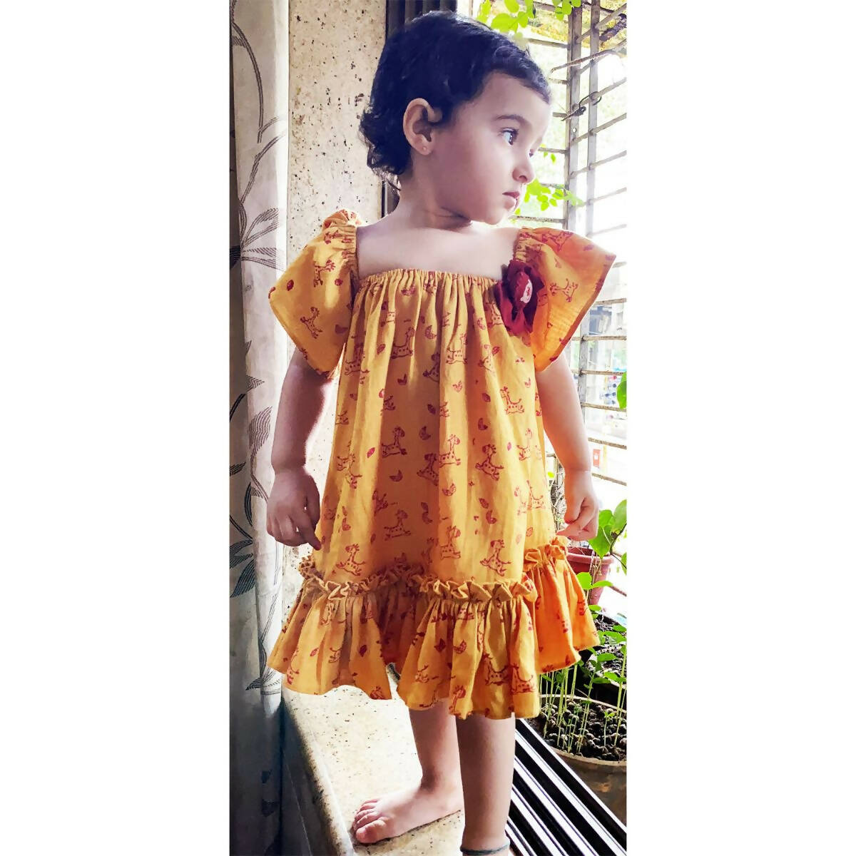 Mhyssa Half Frill Sleeves Square Neck Yellow Block Printed Frock