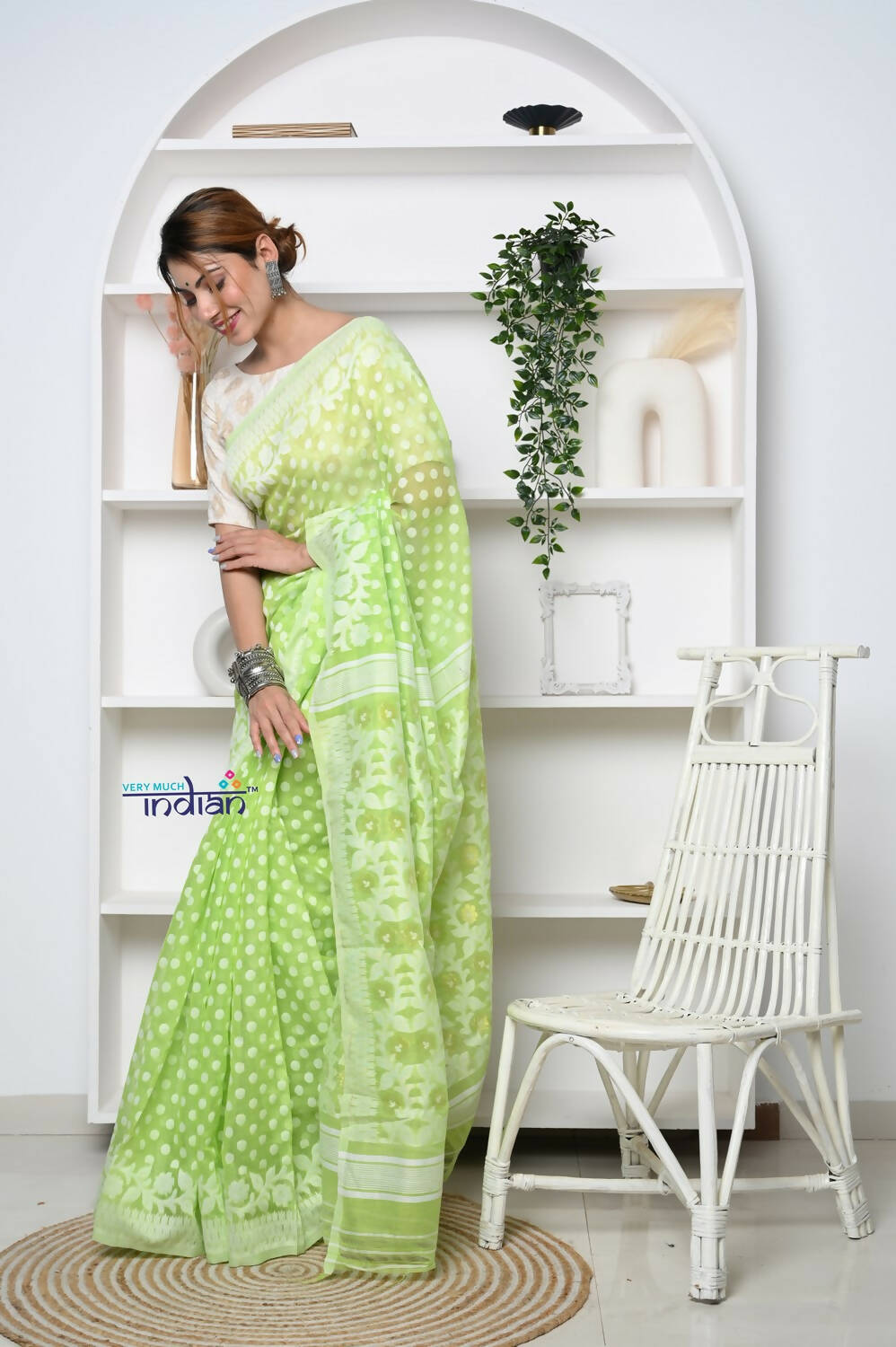Very Much Indian Jamdhani Cotton Saree - Pista Green - Distacart