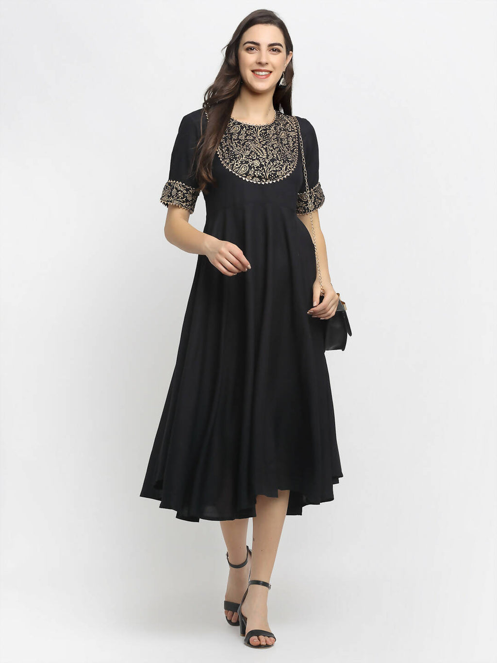 Rudra Bazaar Black Block Printed Flared Ethnic Kurta - Distacart