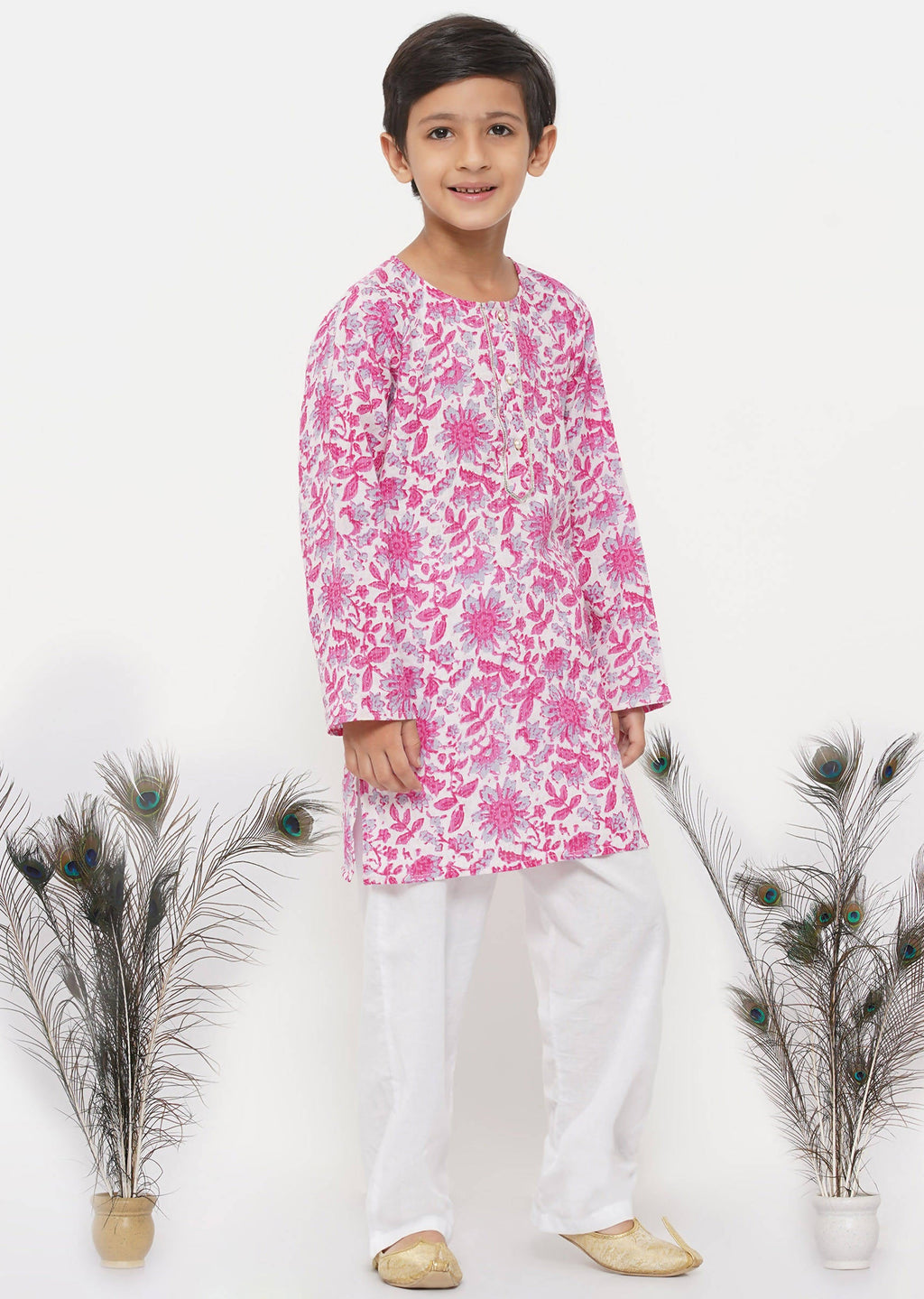 Little Bansi Boys Cotton Floral Kurta with Pearl Buttons & Pyjama in Pink & Cream