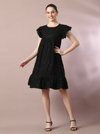 Myshka Women's Black Embroidered Cotton Round Neck A-Line Party Dress - Distacart
