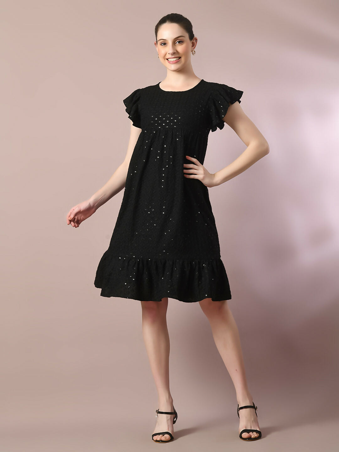 Myshka Women's Black Embroidered Cotton Round Neck A-Line Party Dress - Distacart