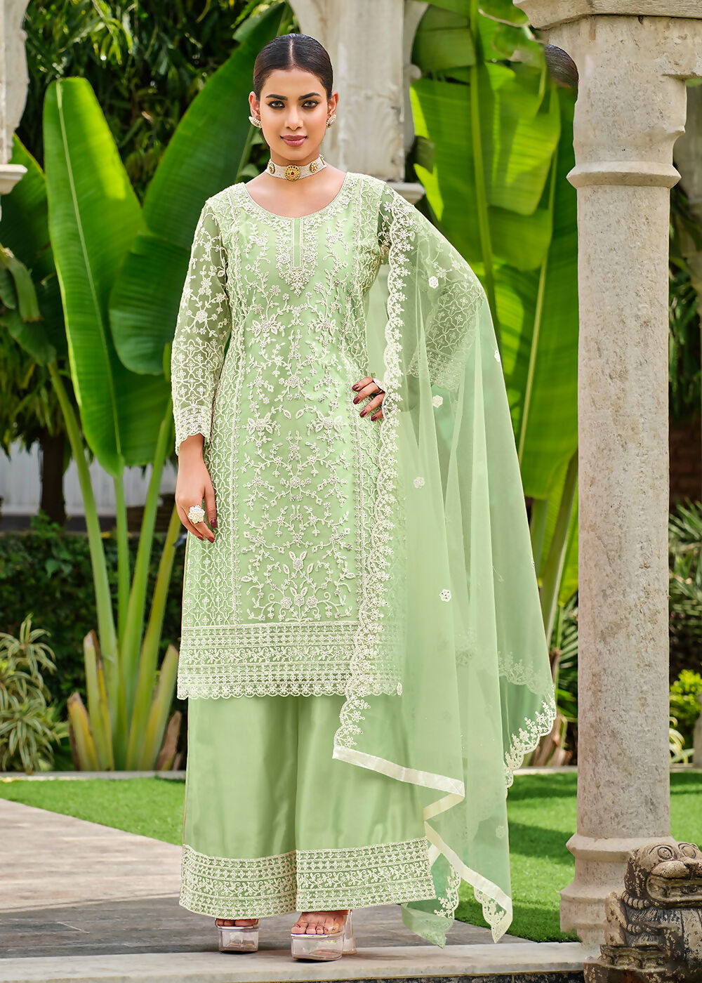 Pista Green Stone & Cording Work Festive Palazzo Suit - Emponline