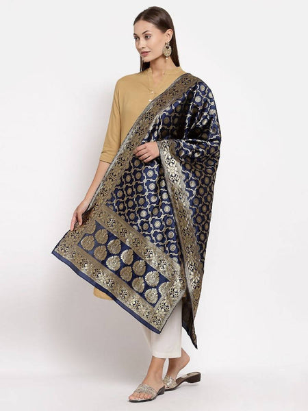 Myshka Women's Black Silk Print Casual Dupatta
