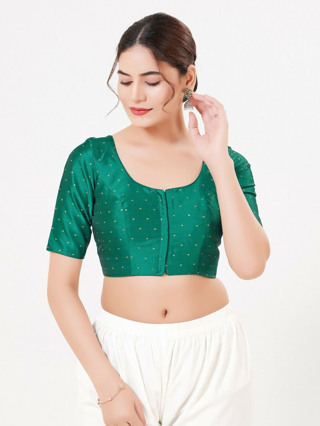 Joban Fashion D.Rama-Green Taffeta Silk Elbow Sleeveless Front Open Blouse