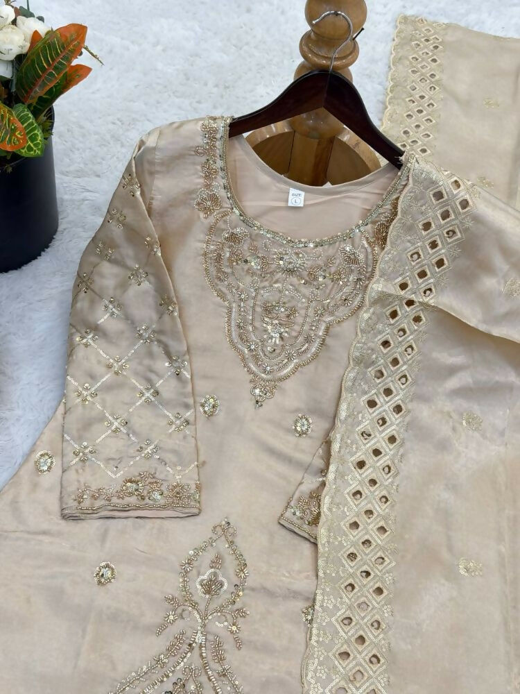 Teeya Creation Cream Color Gimmychu Silk Embroidery Work Wedding Wear Salwar Suit - Distacart