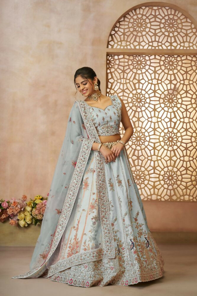 Kesar Fab Sky-Blue Zari Silk Hand_Woven Lehenga