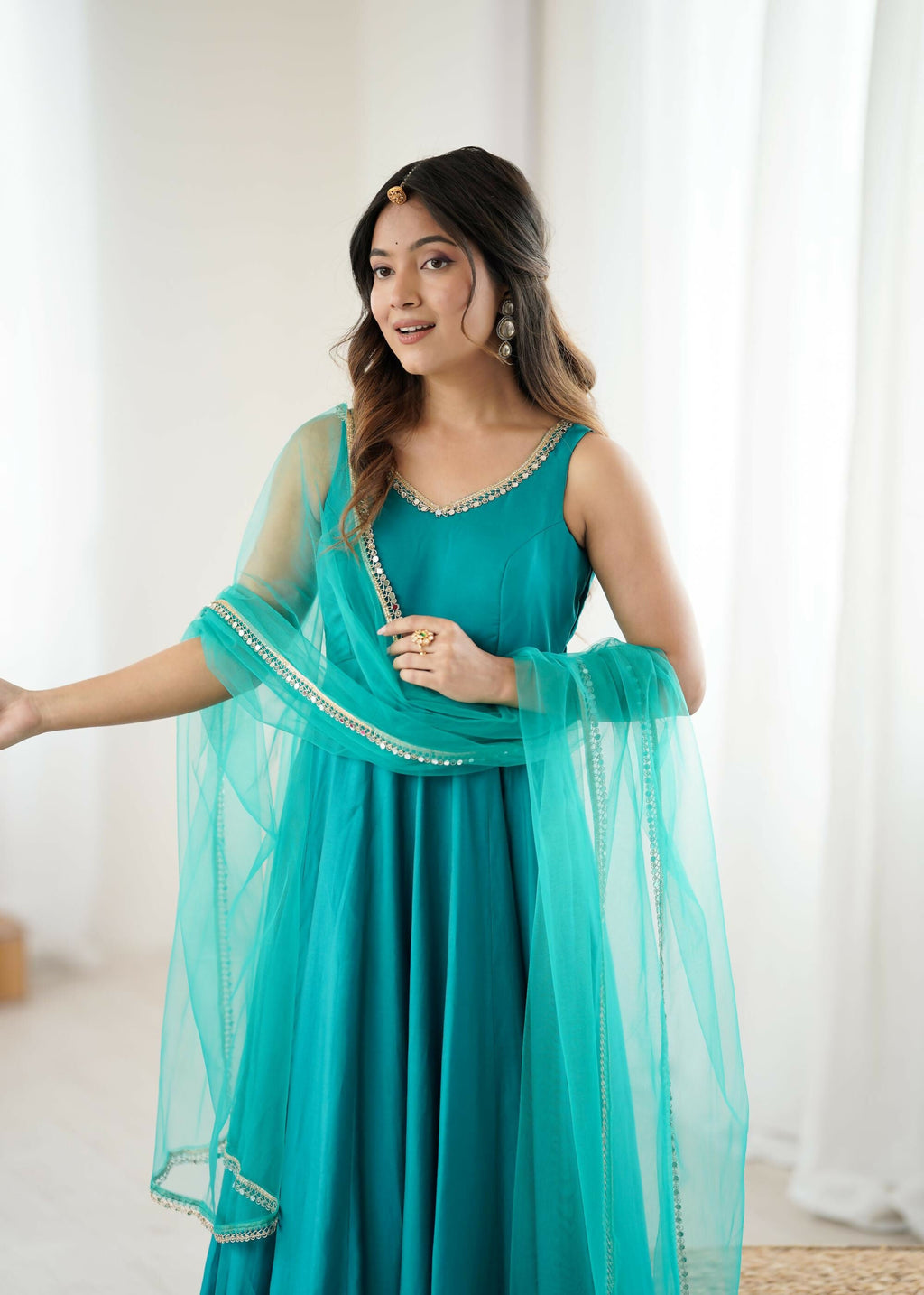 The52 Women's Beautiful Roman Silk Chanderi Fabric Flared Anarkali Pant and Dupatta Set - Distacart