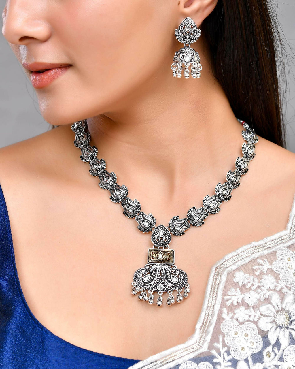 VOJ Dual Toned Oxidized Necklace With Earrings Set