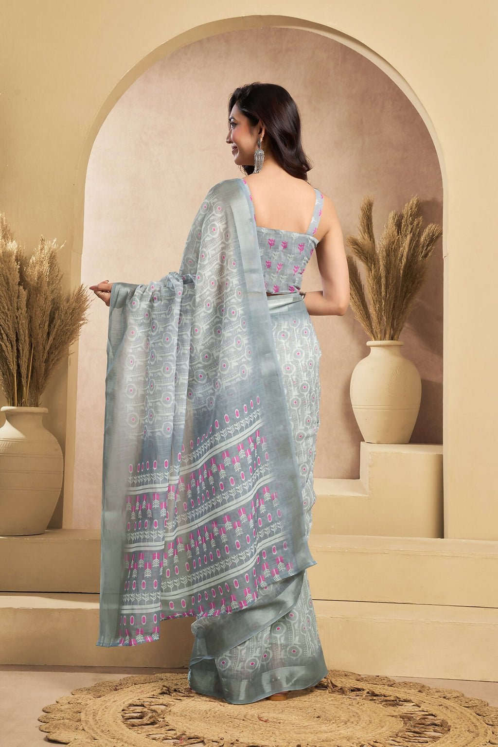 Vastranavya Grey Digital Printed Linen Ready To Wear Designer Saree with Unstitched Blouse - Distacart
