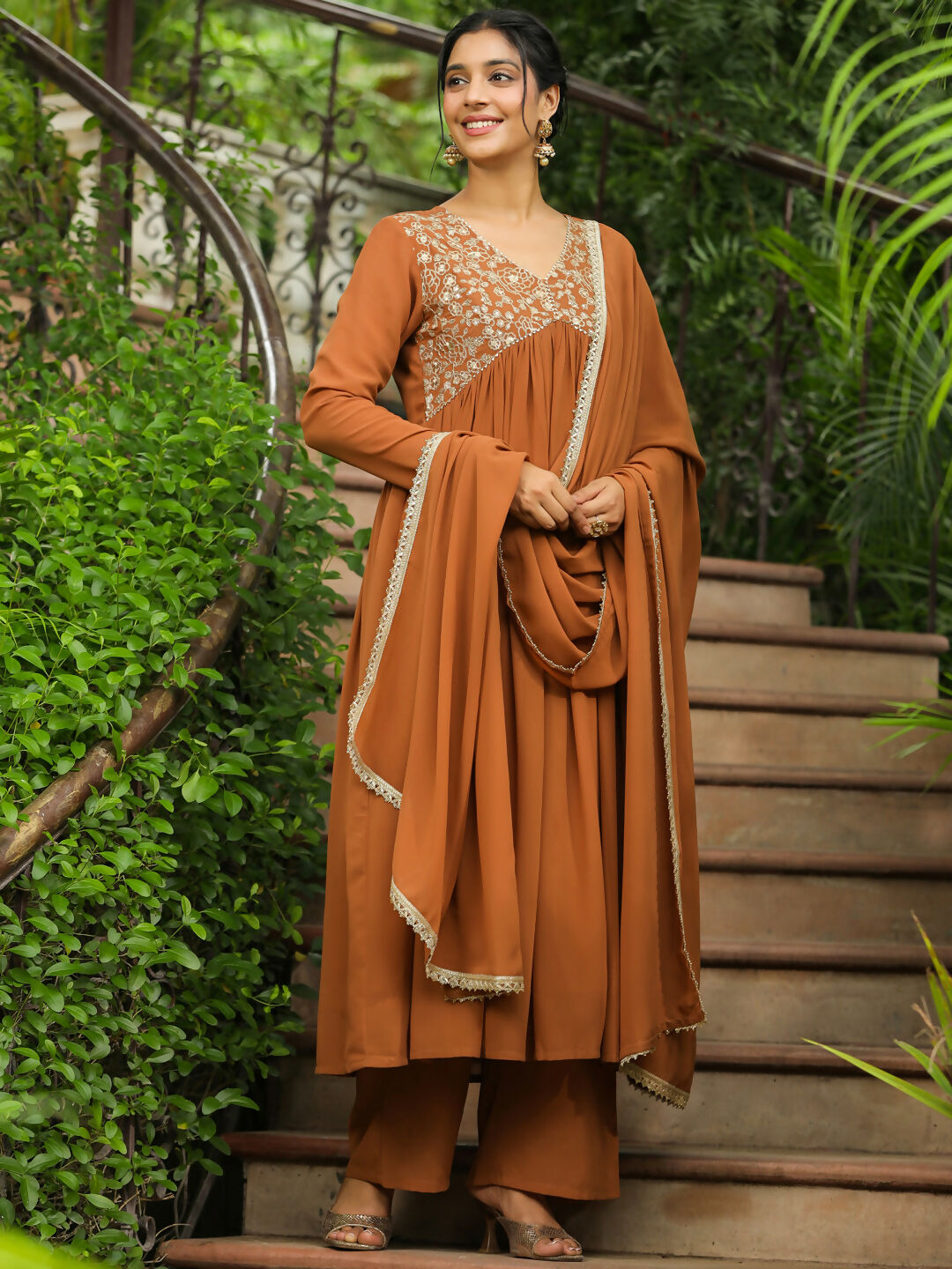 Janasya Brown Georgette Yoke Embroidery Kurta,Bottom & Dupatta