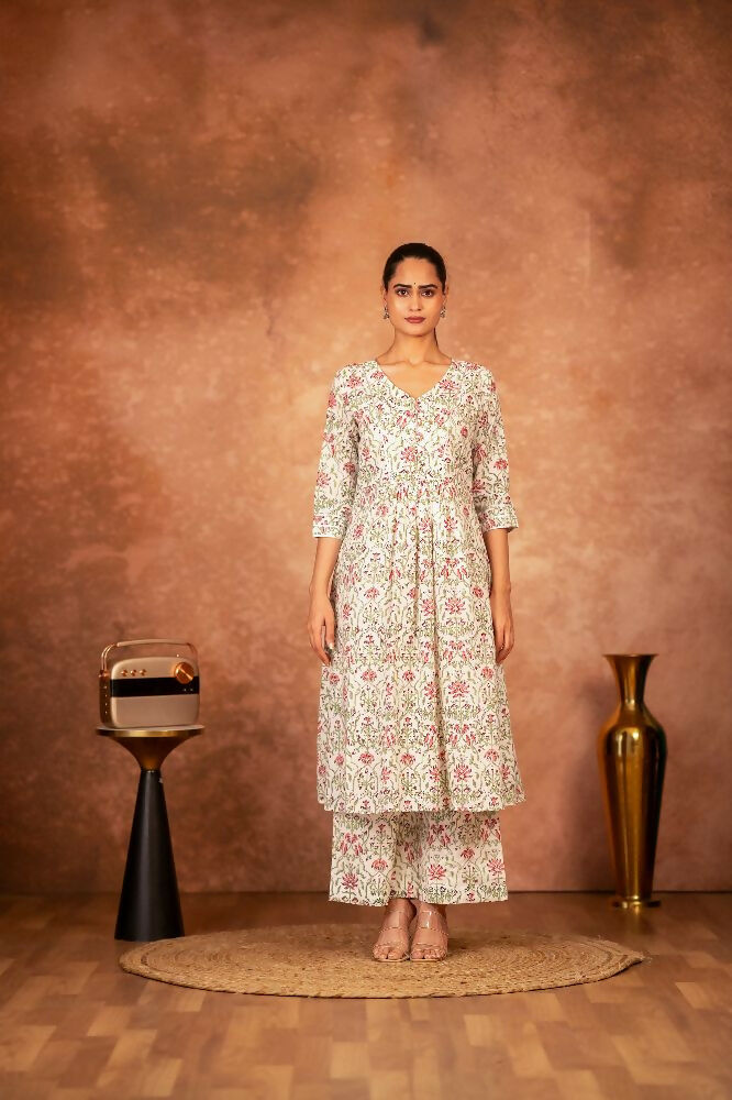 Joban Fashion Green Pink Hand Block Printed Cotton Suit Set - Distacart