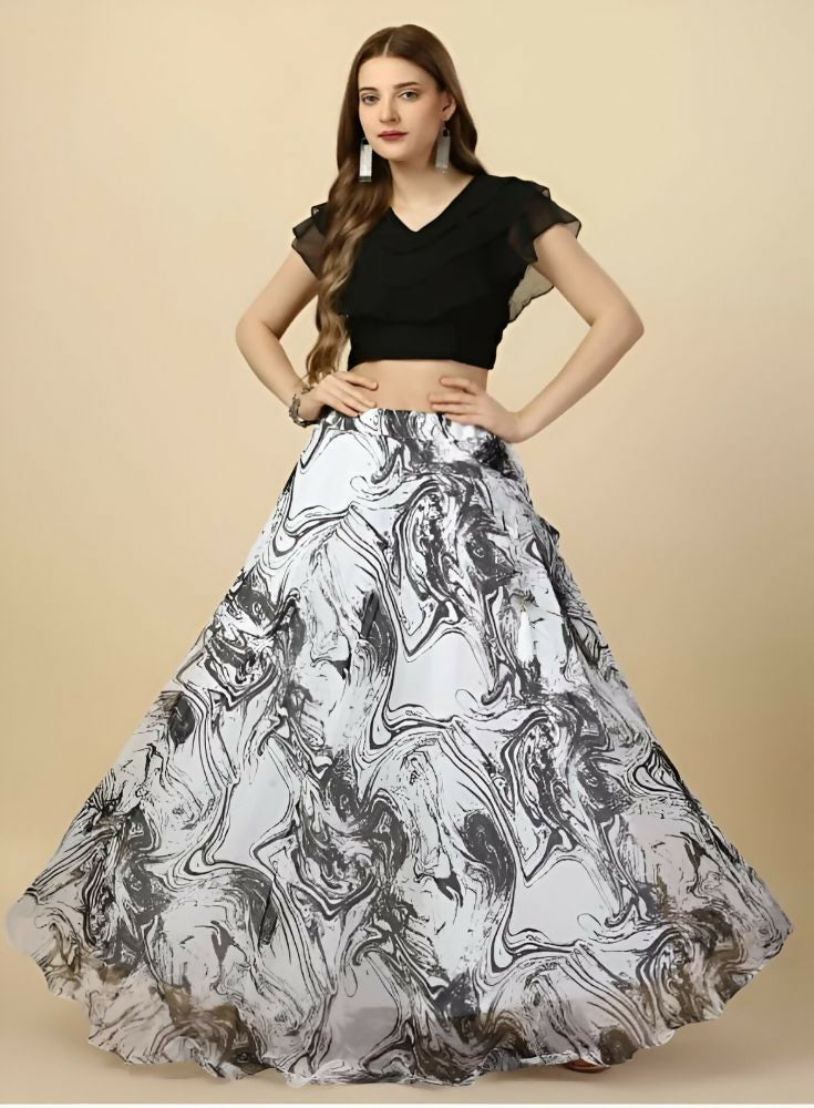Dishitha Creation Printed Stitched Lehenga & Crop Top - Black & White
