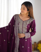 Joban Fashion Wine Kurta Set Silk Sequins , Zari, Coding & Thread Embroidered work - Distacart