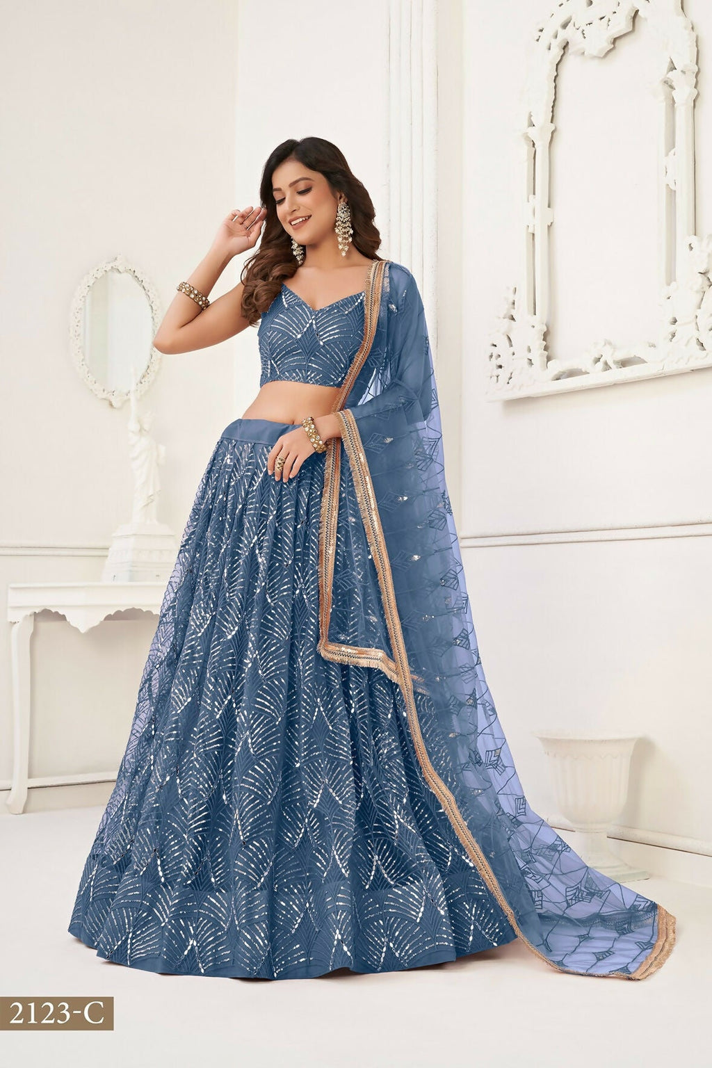 Eilara Glamorous Turquoise Net With Sequins And Thread Embroidery Real Mirror Work Lehenga Choli For Wedding