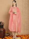 Jyoti Fashion Women's Peach Chanderi Silk Elegant Jardoshi Semi Kurta with Trouser & Dupatta