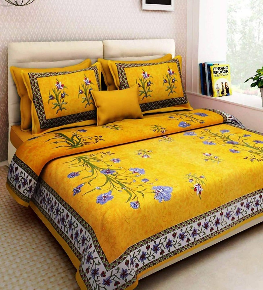 Vamika Printed Floral Cotton Yellow Bedsheet With Pillow Covers (LEOC_KASH_Y)