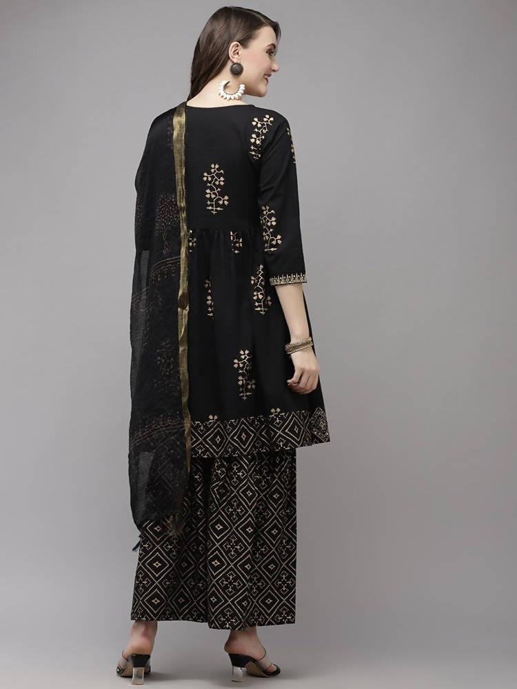 Yufta Women Black Printed Kurta with Sharara & With Dupatta