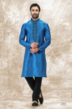 Raivat Ethnic Jacquard Silk Brocade Thread Work Kurta Pajama In Blue Colour