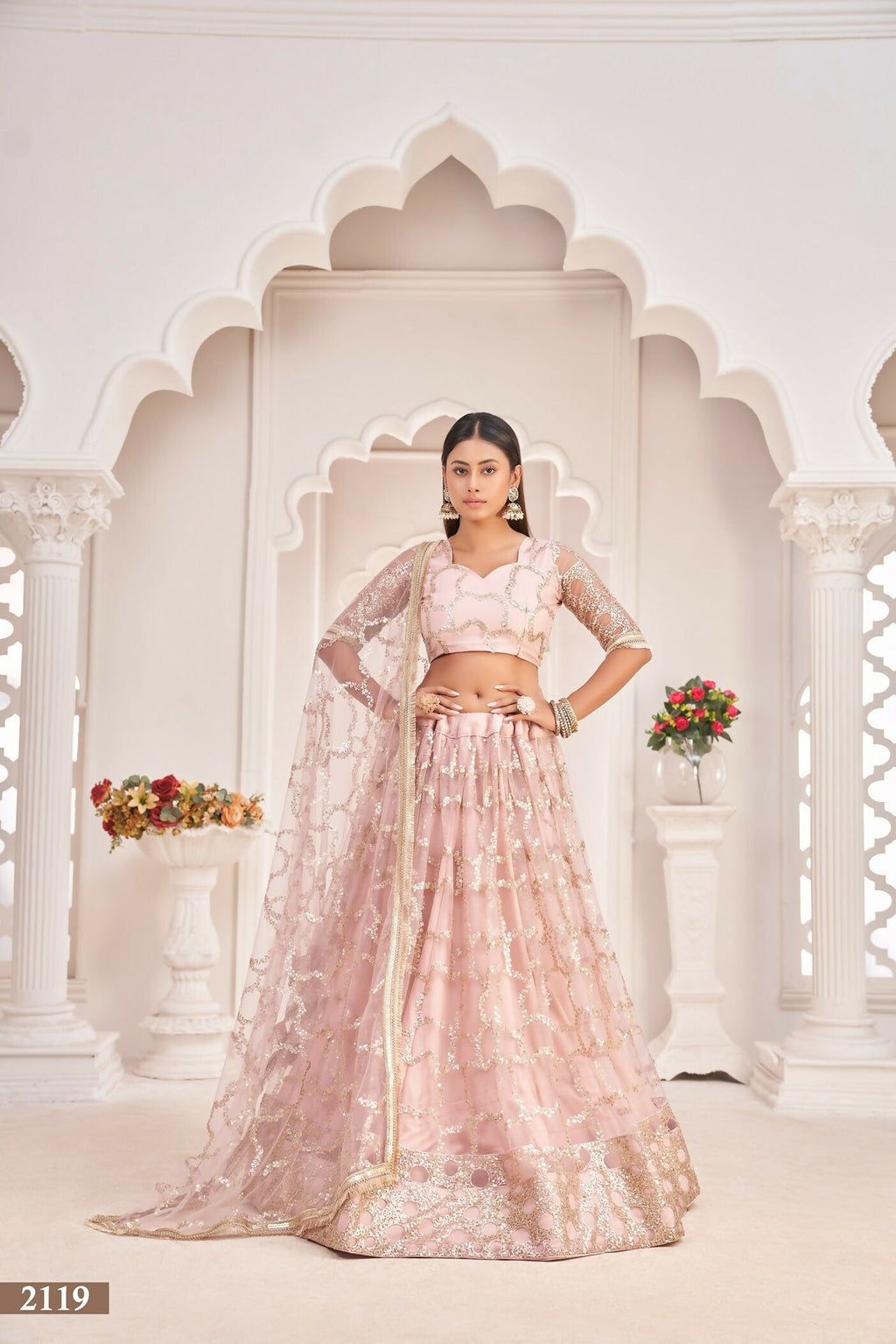 Eilara Women'S Baby Pink Butterfly Net Embroidered Thread Work Party Wear Lehenga Choli