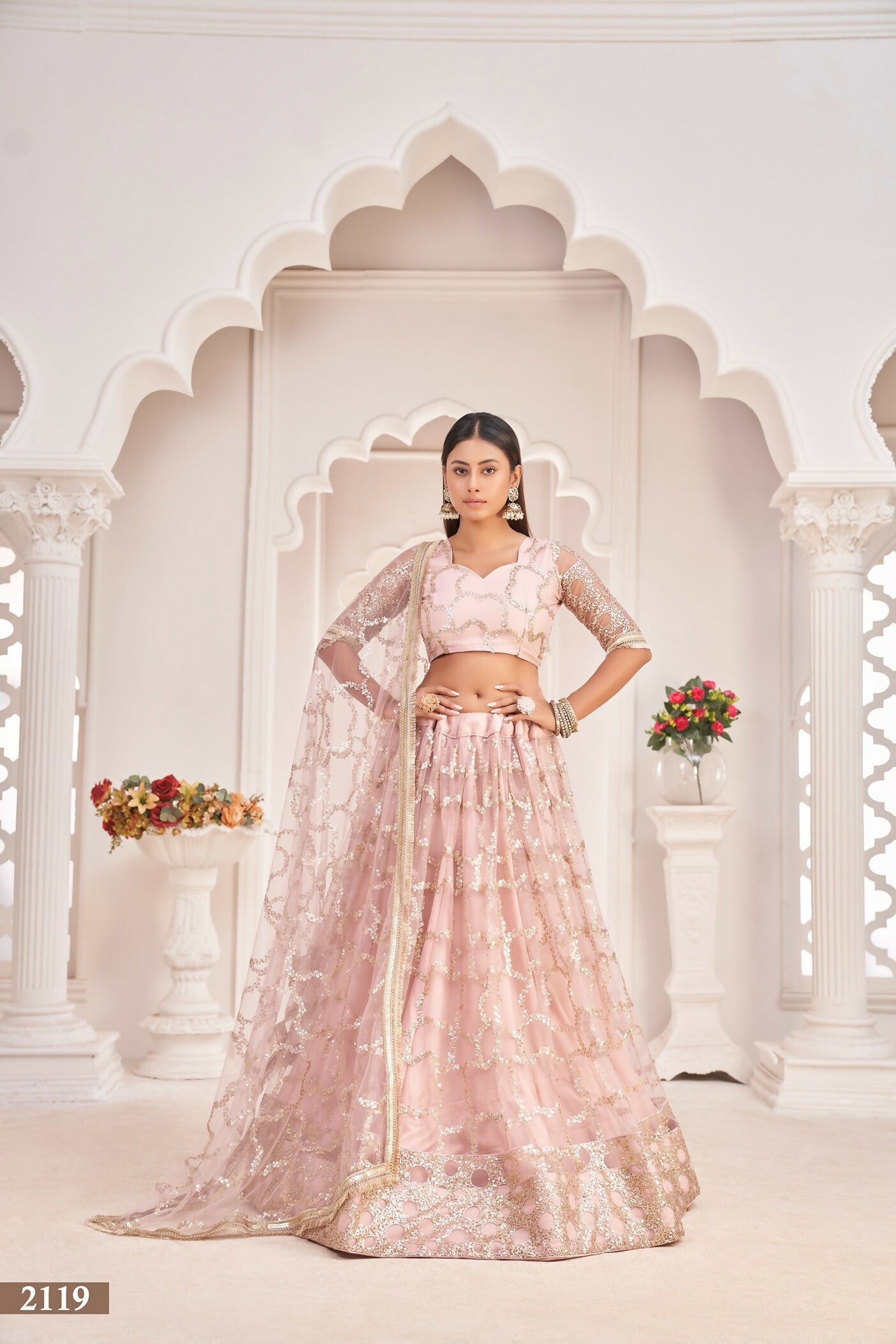 Eilara Women'S Baby Pink Butterfly Net Embroidered Thread Work Party Wear Lehenga Choli