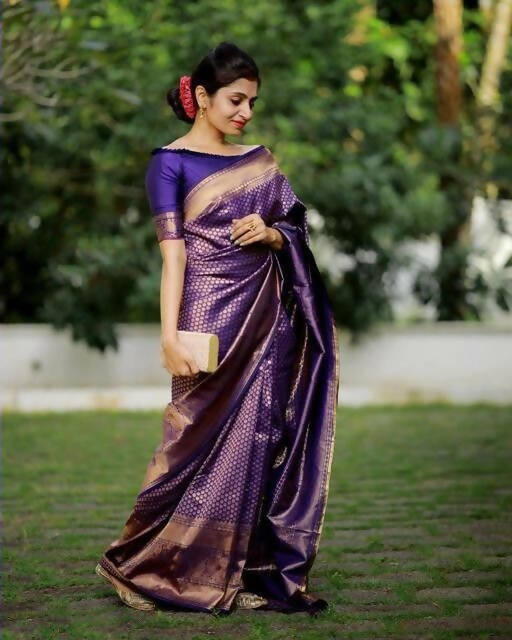 DEIANA'S Beautiful Designer Golden zari Soft Lichi Silk Saree - Purple
