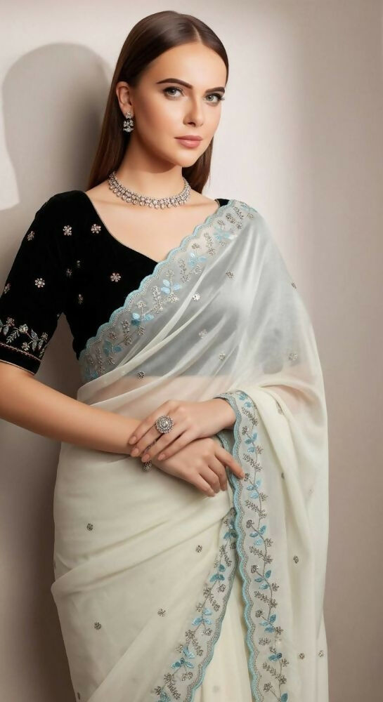Joban Fashion Off White Faux Georgette Party Wear Sarees - Distacart