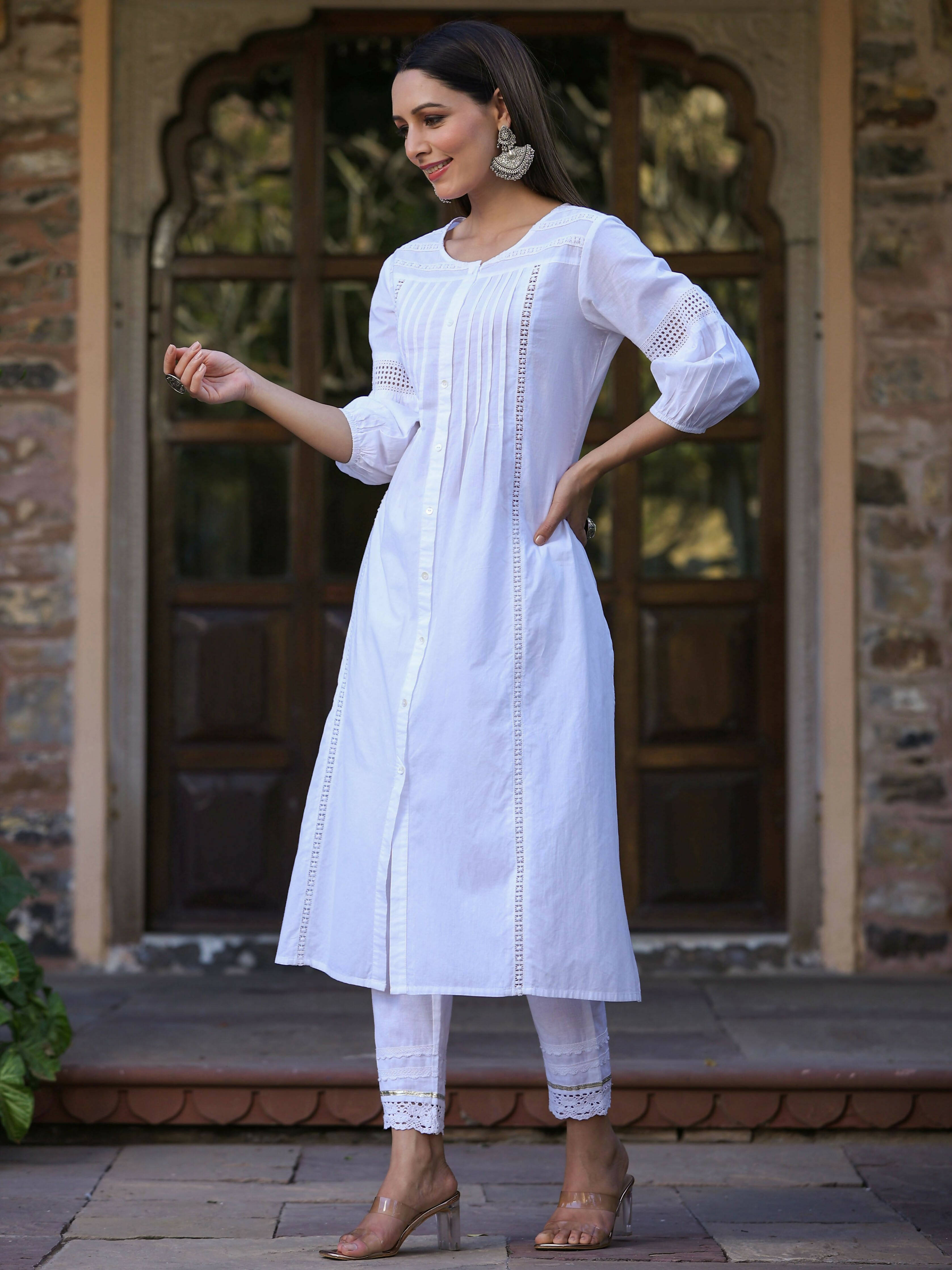 Juniper Women's White Cotton Cambric Solid A-Line Kurta - Distacart